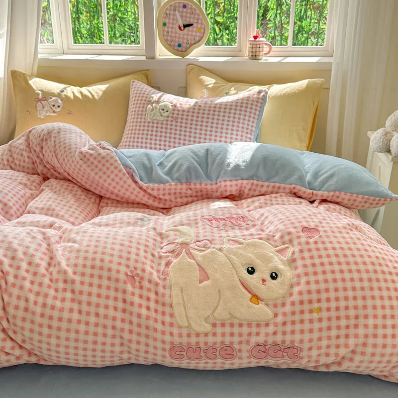 Afralia™ Pink Cat Embroidery Child Bedding Set, Single - King Sizes