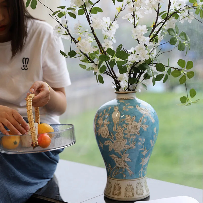 Afralia™ Blue White Porcelain Vase Retro Floral Arrangement Home Decor Ceramic Handicraft