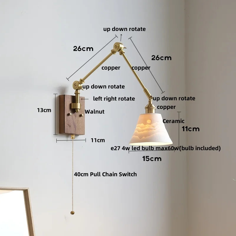 Afralia™ Wood LED Wall Light with Pull Chain Switch & Rotatable Amber Glass