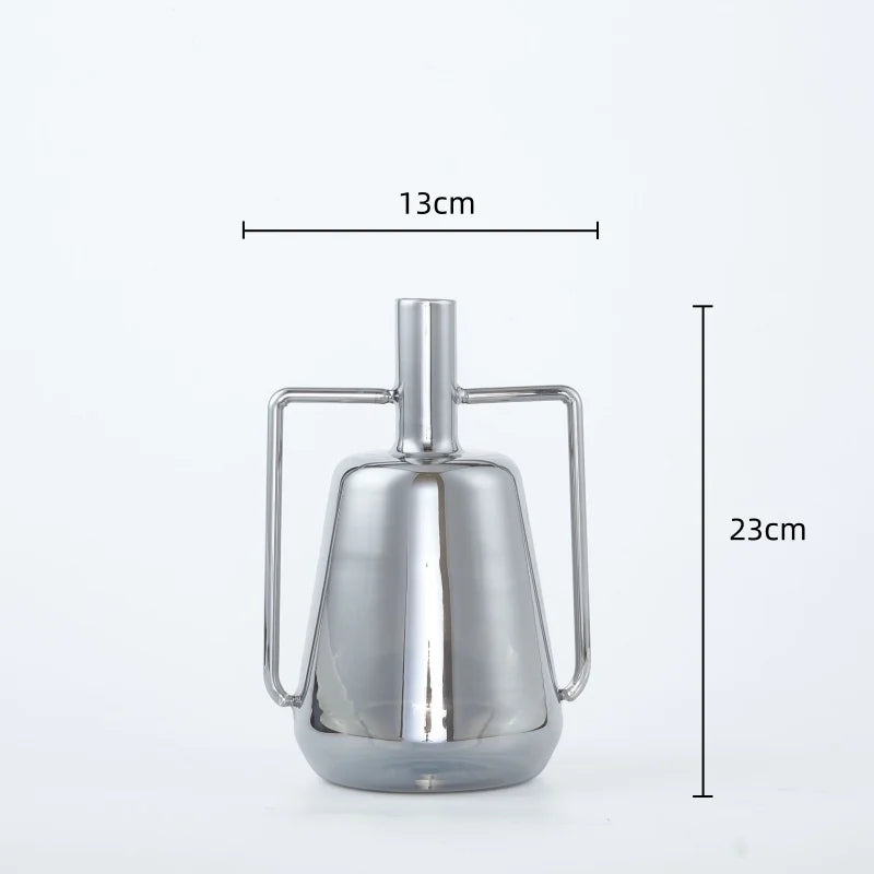 Afralia™ Silver Glass Vase with Geometric Handle for Living Room Dining Kitchen