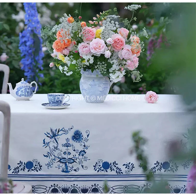 Afralia™ Blue Onion Print Tablecloth Overlay: Luxe French Pastoral Banquet Dining Decoration