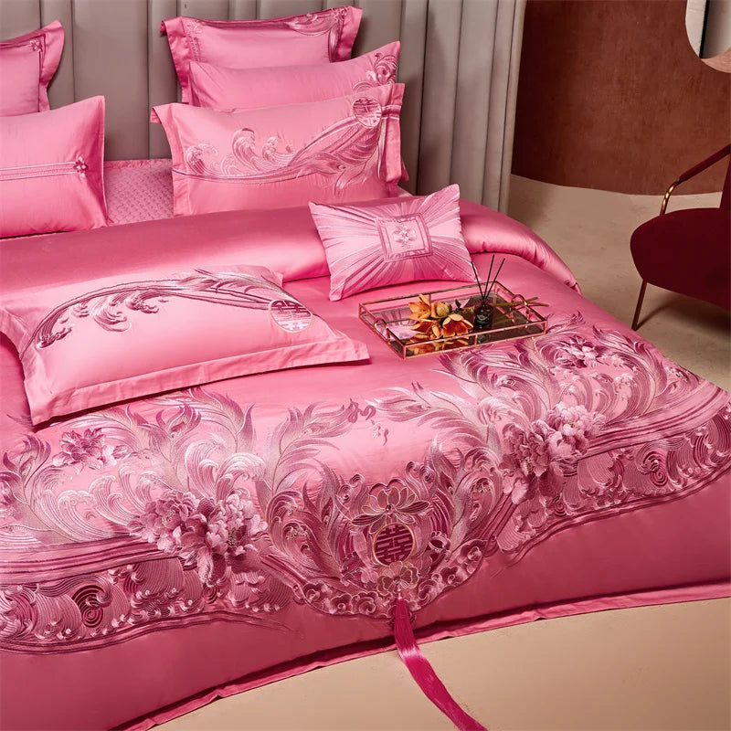 Afralia™ Peony Embroidery Luxury Chinese Style Bedding Set