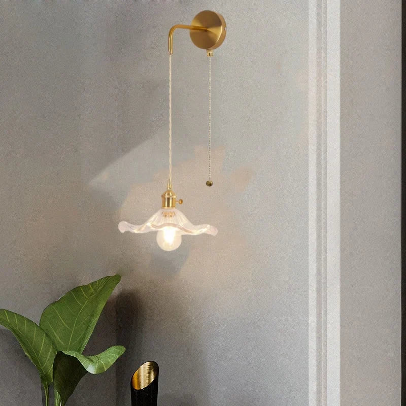 Afralia™ Copper LED Glass Wall Sconce with Pull Chain Switch for Living Dining Room