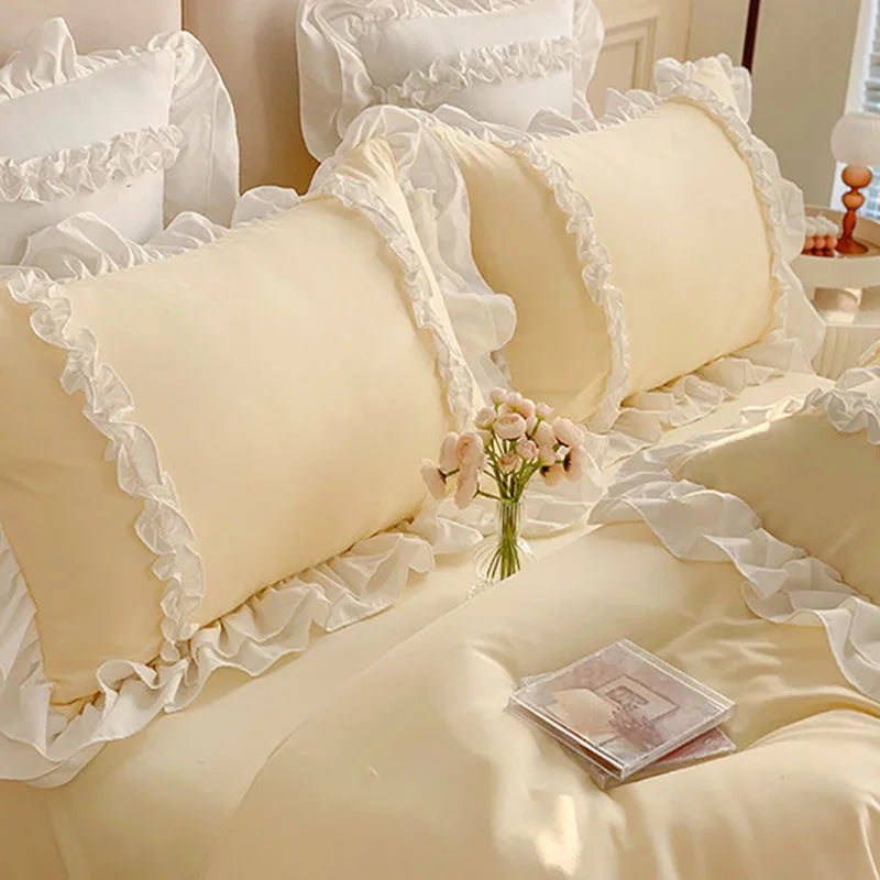 Afralia™ Korean Princess Lolita Bed 4-Piece Set in Solid Washed Cotton