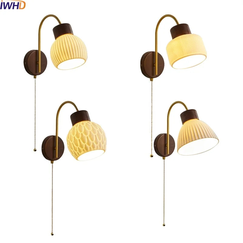 Afralia™ Ceramic Wood LED Wall Lights Modern Bedside Lamp for Home Decor