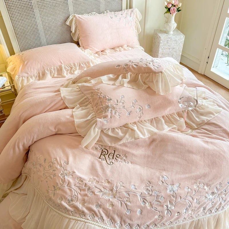 Afralia™ Pink Lace Ruffles Bedding Set, Velvet Duvet Cover, Soft Sheets & Pillowcases