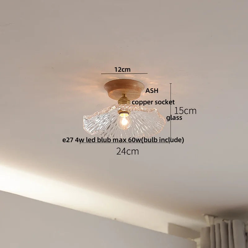 Afralia™ Tiffany Glass Copper Ceiling Lights Wood Ash LED Lamp Japan Style