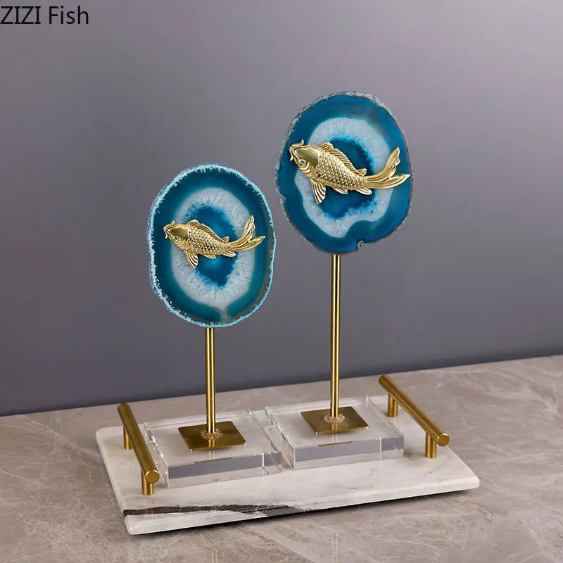 Afralia™ Blue Agate Golden Fish Statue on Crystal Base - Modern Room Decor
