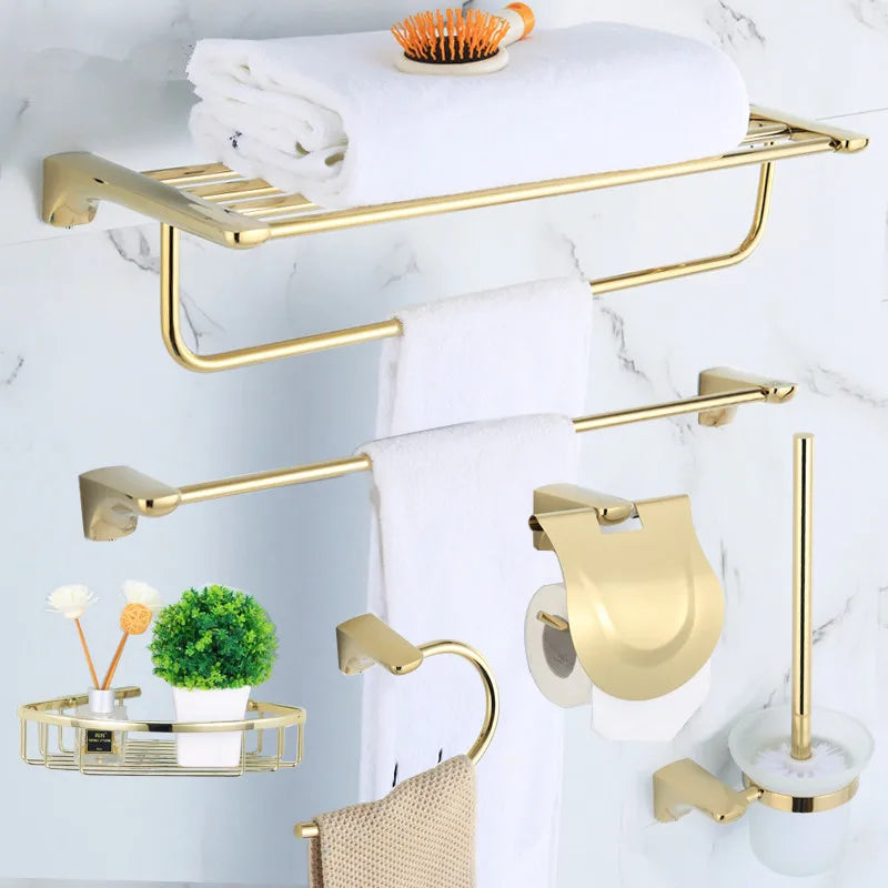 Afralia™ Gold Bathroom Hardware Set: Towel Rack, Shelf, Paper Holder, Towel Holder, Toilet Brush Holder