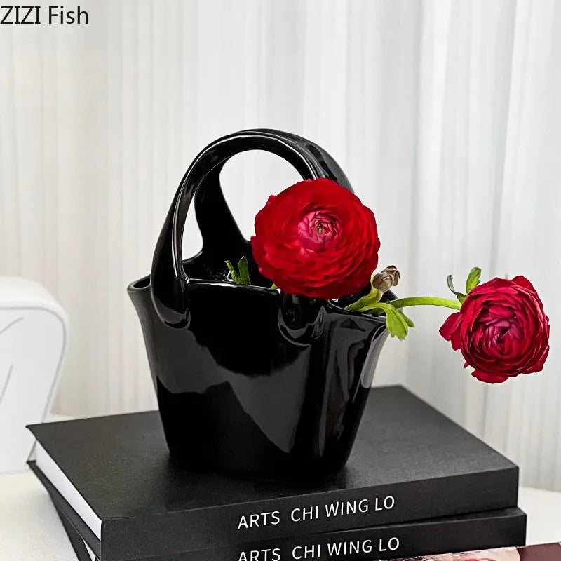 Afralia™ Handbag Ceramic Vase Desk Decoration Artificial Flower Floral Arrangement Aesthetic Decor