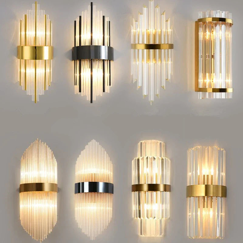 Afralia™ Black Gold Crystal Wall Lights Modern LED Sconce for Bedroom Living Room