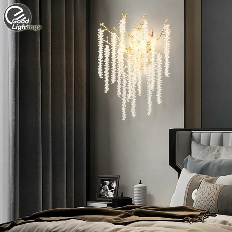 Afralia™ Luxury Gold Crystal Wall Lamp for Living Room Bedroom Stairs - Nordic Branch Design