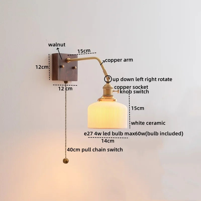 Afralia™ Glass Walnut LED Wall Lamp with Pull Chain Switch - Modern Home Decor