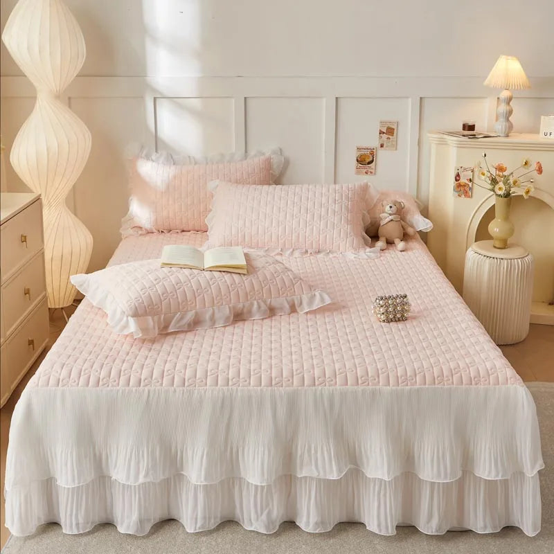 Afralia™ Lace Ruffles Cooling Bed Skirt Set with Pillowcases