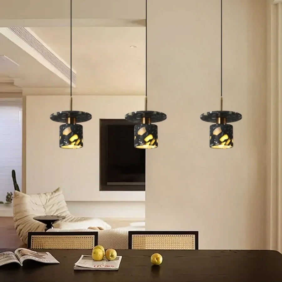 Afralia™ Black Terrazzo Stone LED Pendant Lamp Modern Nordic Hanging Lights