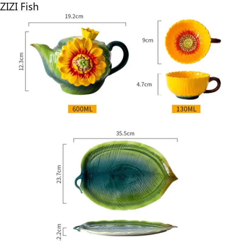 Afralia™ Sunflower Tea Set with Tray, Teapot, Teacup, and Artificial Yellow Flower