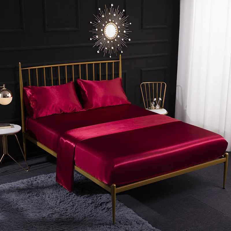 Afralia™ Solid Satin King Fitted Sheet Set Double Queen Size Luxury Bedding Solution
