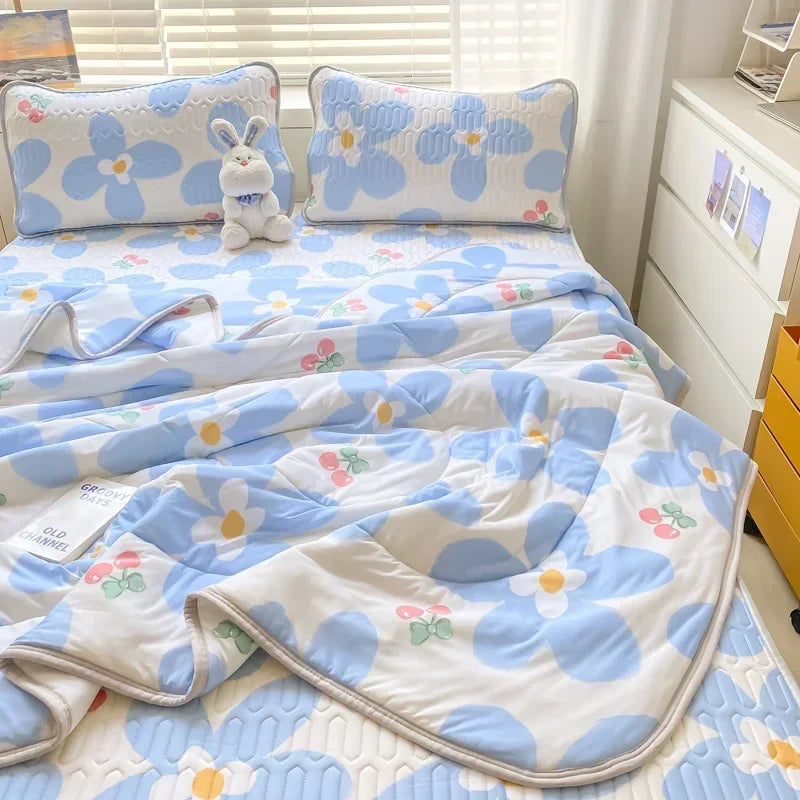 Afralia™ Cool Feeling Silky Summer Comforter & Latex Fitted Sheet Set