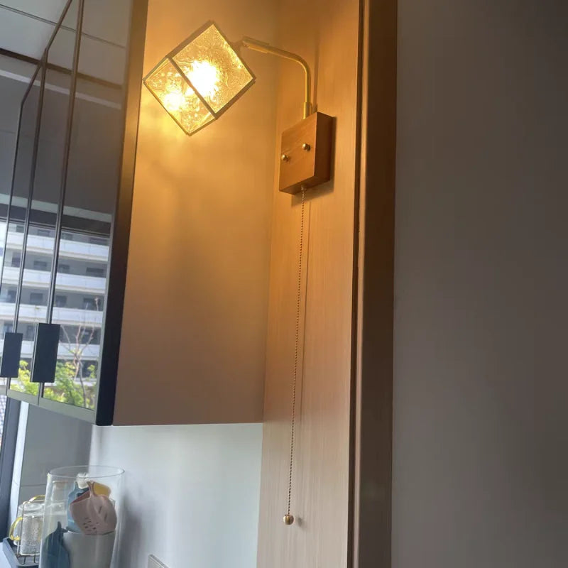 Afralia™ Wood Cube Glass LED Wall Lights with Pull Chain Switch for Modern Interiors
