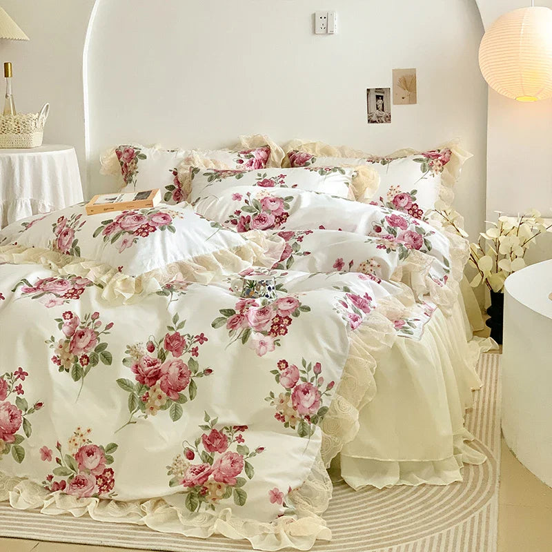 Afralia™ Vintage Rose Floral Double Layer Lace Ruffles 100% Cotton Bedding Set