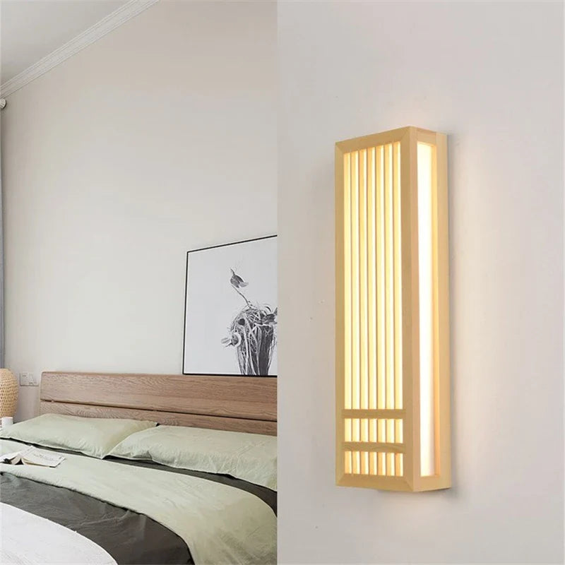 Afralia™ Japanese Wood Wall Lamps LED Acrylic Rectangular Bedside Light for Bedroom