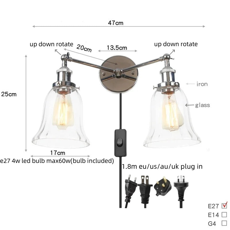 Afralia™ Retro LED Wall Light with Pull Chain Switch, 2 Heads Sconce for Living Room