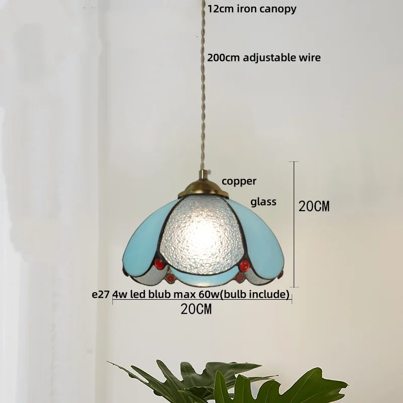 Afralia™ Tiffany Wood Globe LED Pendant Lamp for Kitchen Cafe Reading, Gold Copper Blue Glass