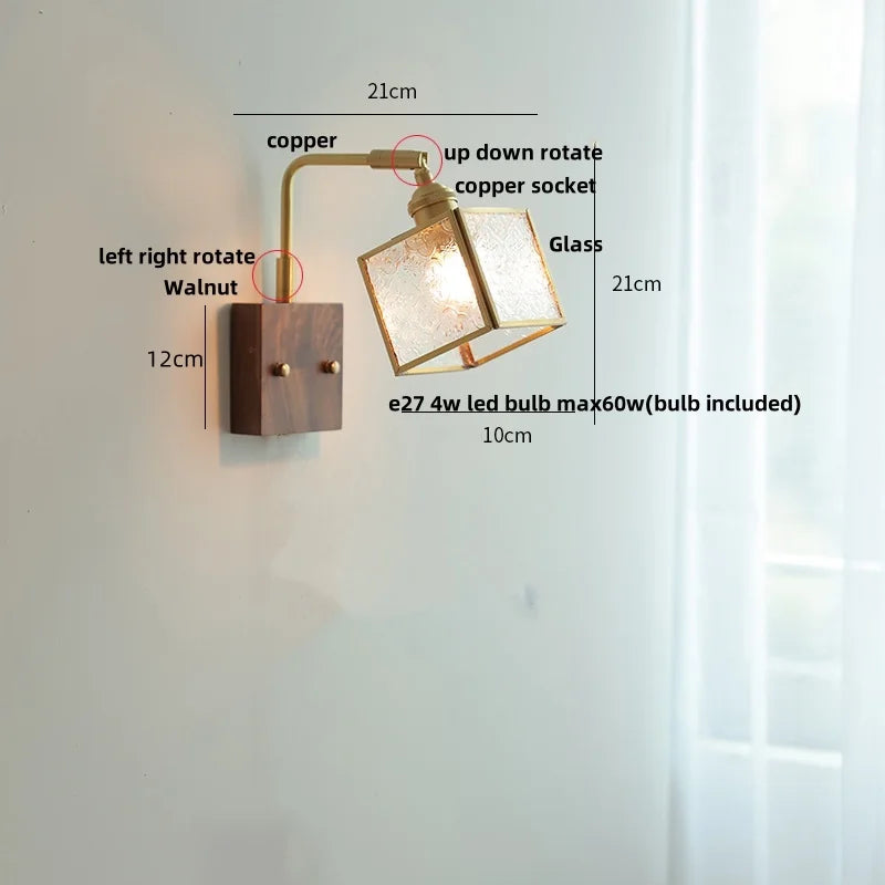 Afralia™ Walnut LED Wall Lights Pull Chain Switch Bedside Lamp Vintage Cube Glass Stair Light