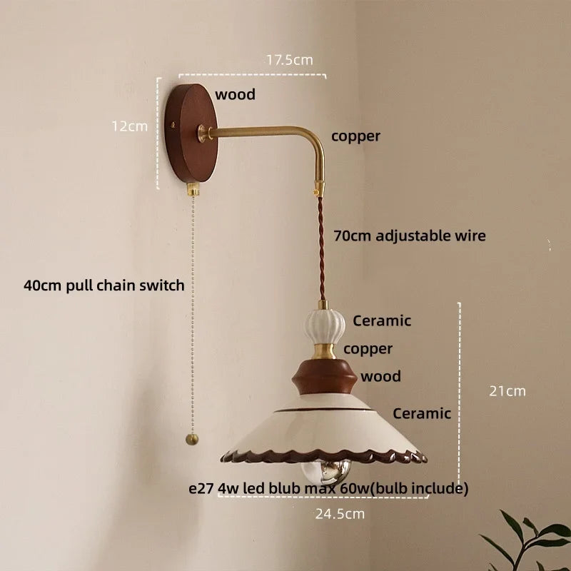 Afralia™ Nordic LED Wall Sconce Flower Ceramic Copper Wood Bedroom Reading Light