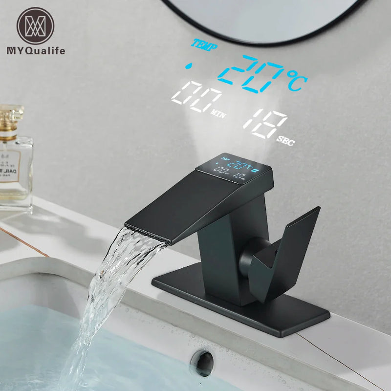 Afralia™ Brass Waterfall Bathroom Faucet Basin Taps with Temperature Display