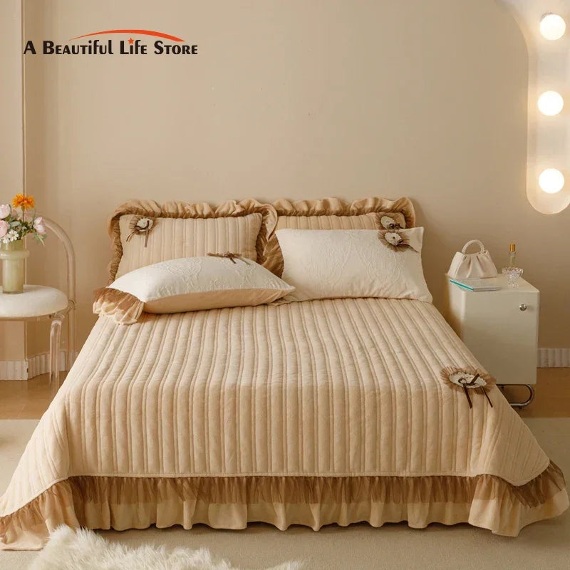 Afralia™ Velvet Lace Ruffles Quilted Bedding Set with Pillowcases