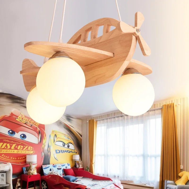 Afralia™ Kids Wood Airplane Chandelier LED Nursery Aircraft Suspension Lights