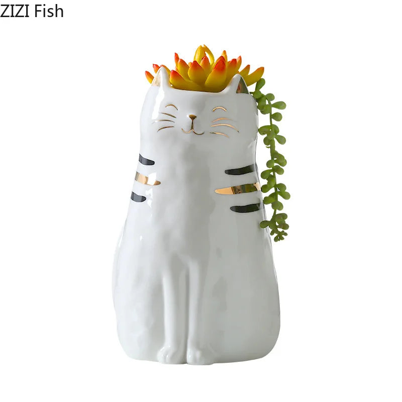 Afralia™ Cat Vase Porcelain Kitten Ornaments Flowerpot Handicrafts Home Decoration