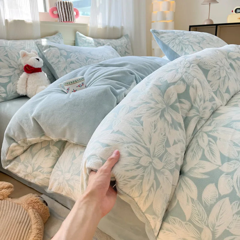 Afralia™ Plant Jacquard Milk Velvet Bedding Set: Warm Plush Duvet Cover Kit for Adults