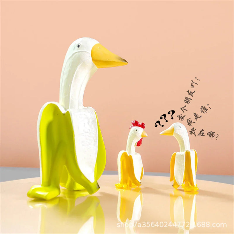 Afralia™ Resin Chicken/Duck Banana Statues & Peeled Bananas Decor Ornaments Home Garden Figurines