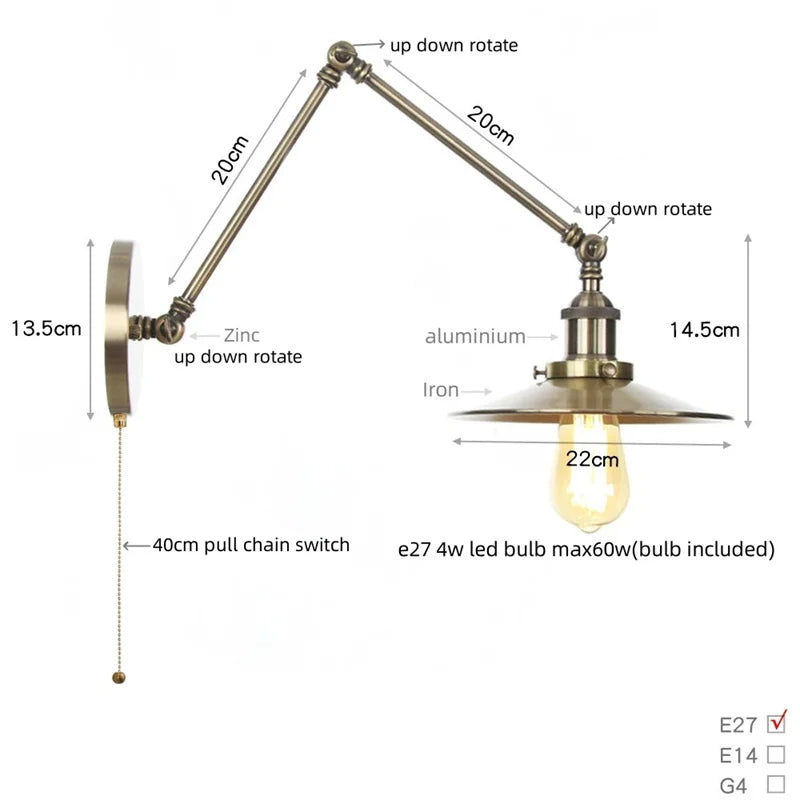 Afralia™ Vintage Industrial Long Arm Adjustable LED Wall Sconce Pull Chain Switch Bedside Lamp