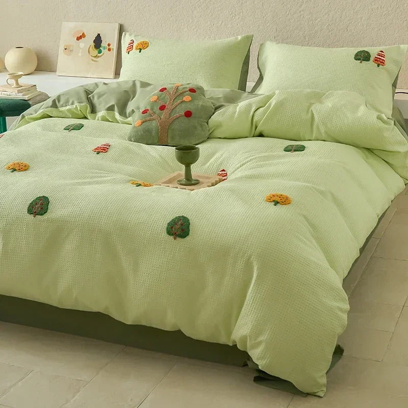 Afralia™ Waffle Embroidered Cotton Bedding Set with Sheet, Pillow, and Cover - Luxe, Cozy