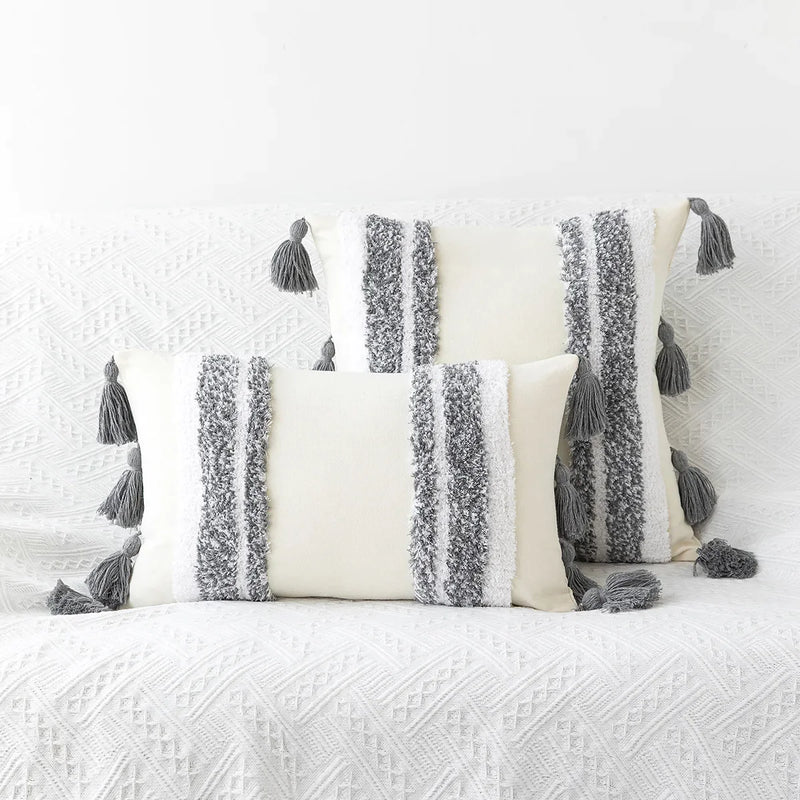 Geometric Tufted Cushion Cover with Fringe by Afralia™ - Black White Beige Sofa Pillow