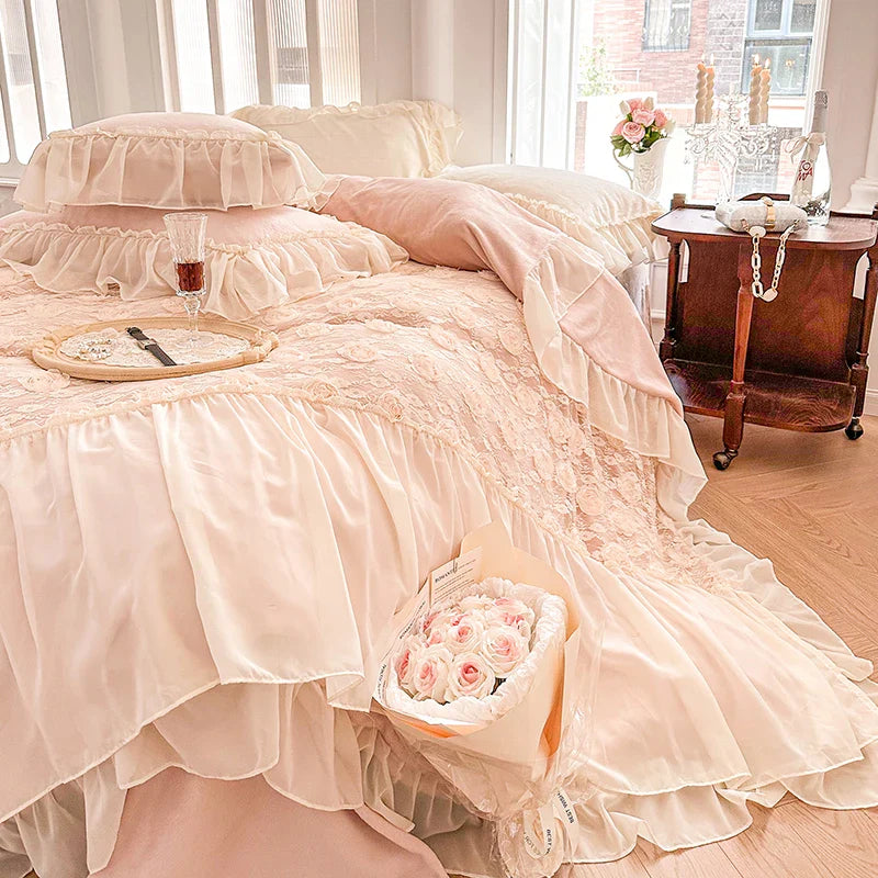 Afralia™ Pink Rose Lace Ruffles Bedding Set: Velvet Fleece, Duvet Cover, Sheet, Pillowcase