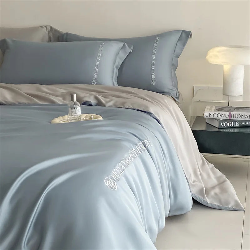 Afralia™ Cotton Solid Color Bedding Set, Premium Quality Embroidery Quilt Cover, Single Bed.