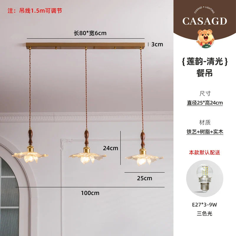 Afralia™ Walnut Wood Petal Pendant Lamp - Three Headed Lotus Rhyme Table Lamp