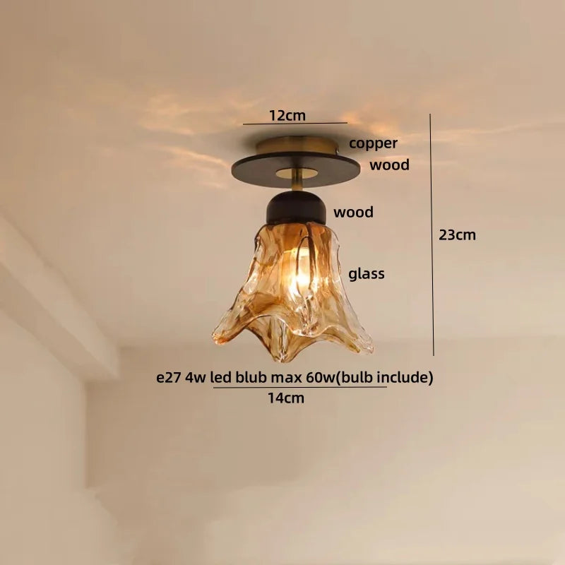 Afralia™ Round Wood Copper Amber Glass Ceiling Lamp