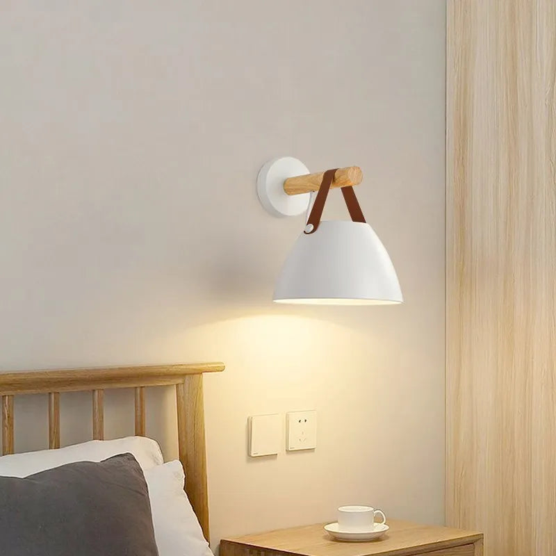 Afralia™ Nordic Wood Leather Belt Wall Lamp for Bedroom Study Living Room