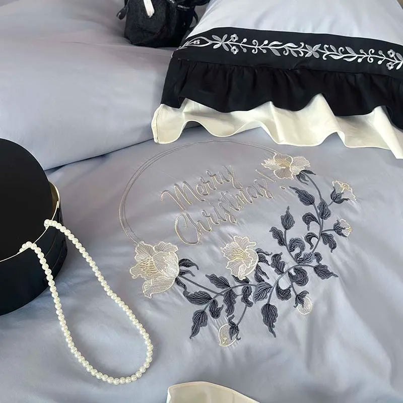 Afralia™ Flowers Embroidery Ruffles Cotton Bedding Set with Duvet Cover, Sheet, Pillowcases