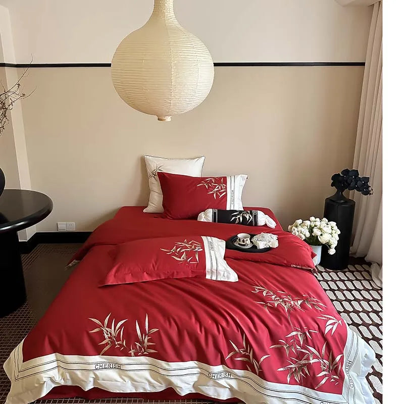 Afralia™ Bamboo Embroidery 1000TC Egyptian Cotton Bedding Set in Luxury Dark Blue