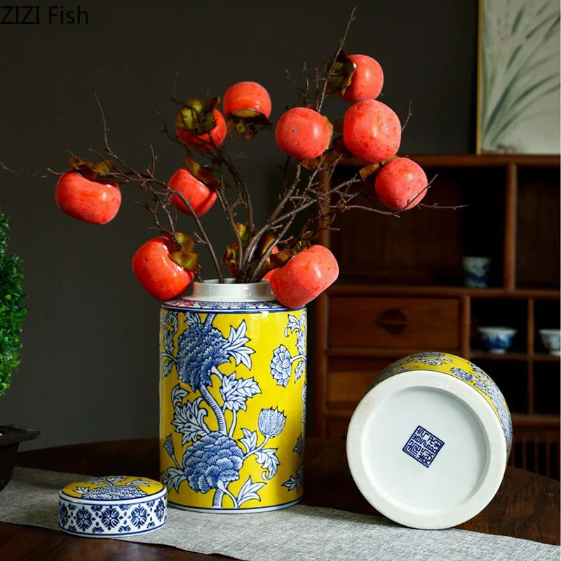 Afralia™ Pomegranate Pattern Blue White Porcelain Vase Flower Pot Room Decor