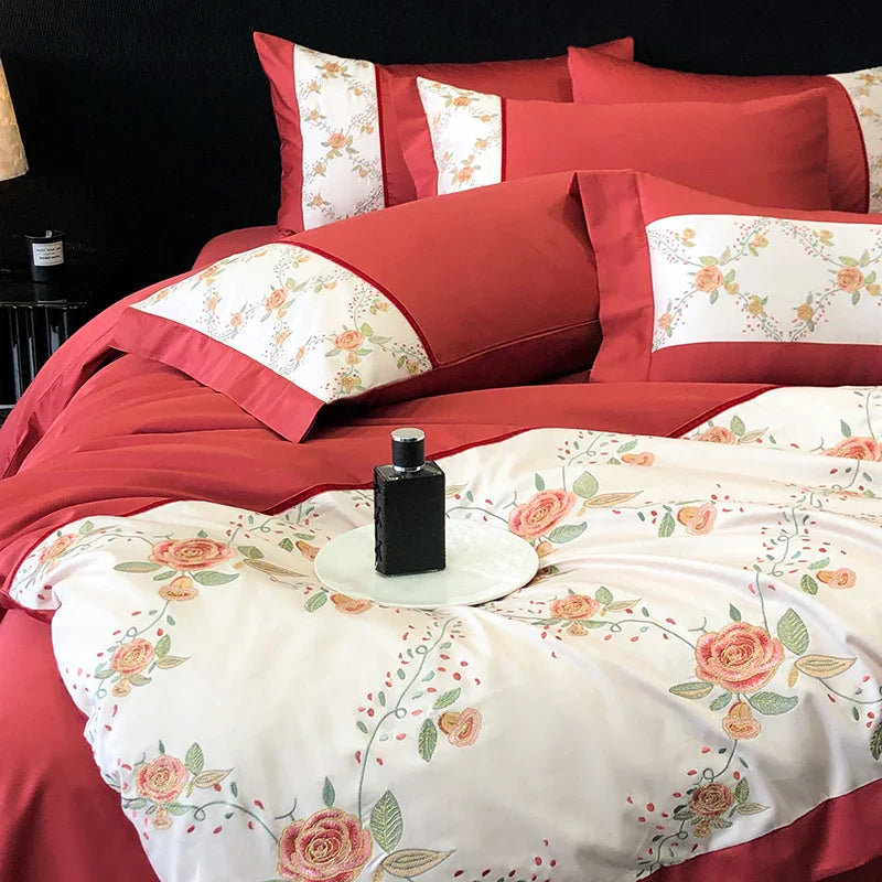 Afralia™ Luxury Rose Flowers Embroidery Bedding Set in Red