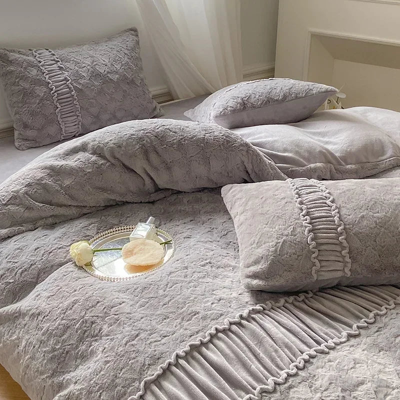 Afralia™ Plush Snow Rabbit Fleece Bedding Set King Size Luxe Winter Duvet Cover Set