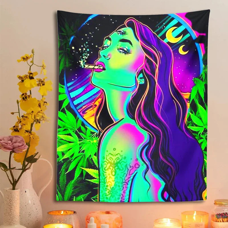 Afralia™ Moon Girl Smoke Tapestry: Psychedelic Hippie Trippy Leaves Aesthetics & Home Decor