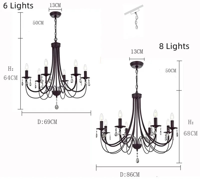 Afralia™ Black Iron Chandelier with Crystal Pendant for Home Lighting